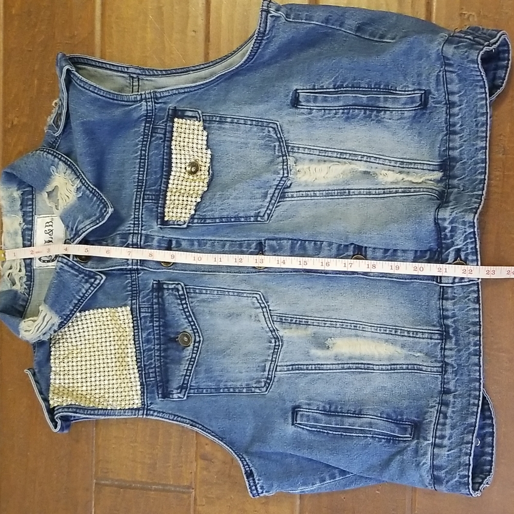 L&B Blue Jean Denim Sleeveless Distressed Vest Jacket Size Large - Picture 8 of 12